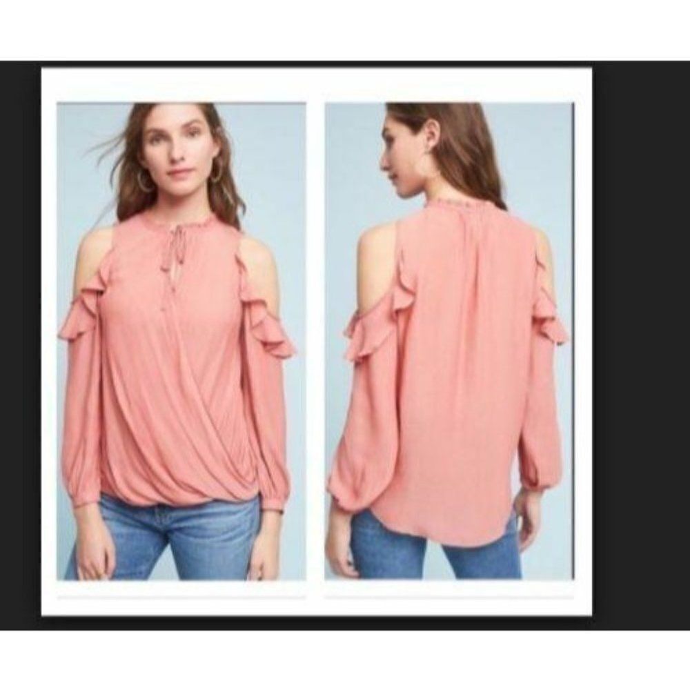 Anthropologie Maeve Liesel Cold Shoulder Ruffle Blouse M Dusty Rose Boho Shirt